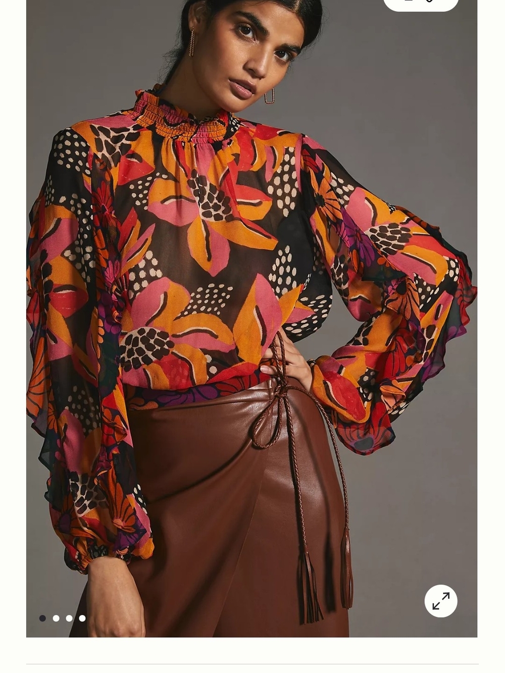 Anthropologie Farm Rio Black Floral Sheer Blouse with Orange/Pink Accents Size S